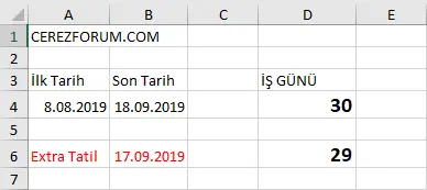 Excel ile işgünü hesaplama