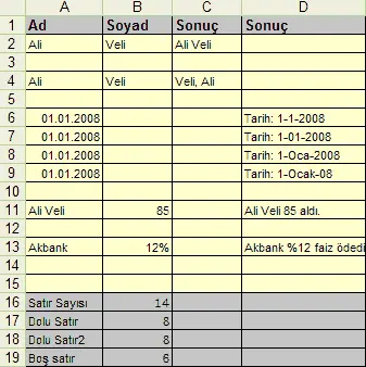 Excel satır işlemleri